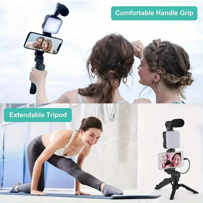 Beginner Video Blogging Kit with a 10-inch Tripod, Phone Holder, and Mini Shotgun Microphone