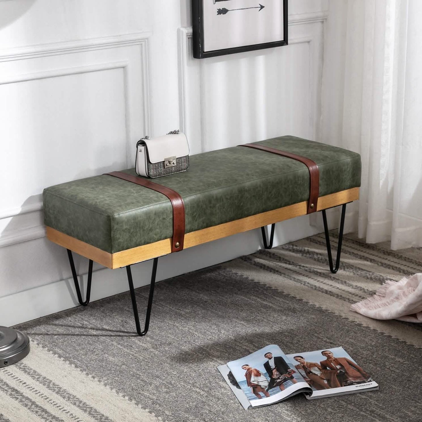Bench for Bedroom Entryway Linen Ottoman Fabric Upholstered with Soft Cushion and Solid Wood Frame