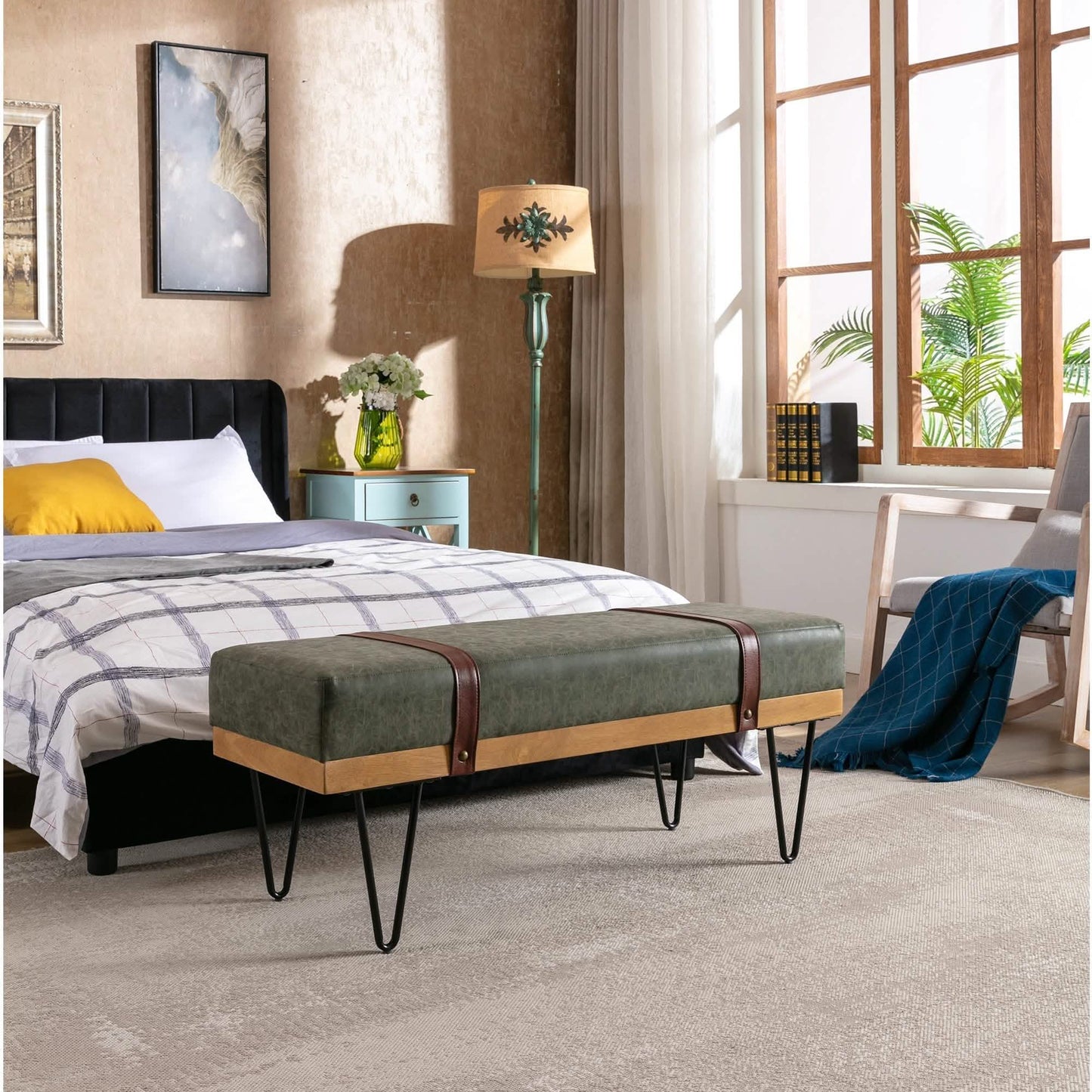 Bench for Bedroom Entryway Linen Ottoman Fabric Upholstered with Soft Cushion and Solid Wood Frame