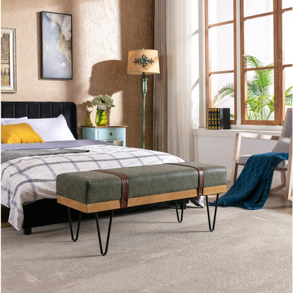 Bench for Bedroom Entryway Linen Ottoman Fabric Upholstered with Soft Cushion and Solid Wood Frame