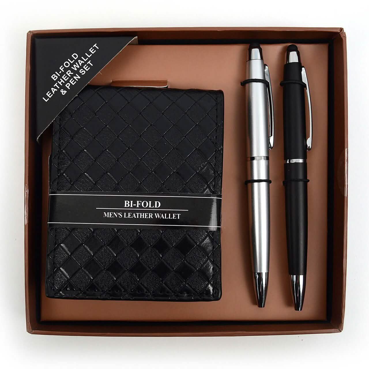 Bi-Fold Men's Leather Wallet and Pen Set with Touch Screen Stylus Tip