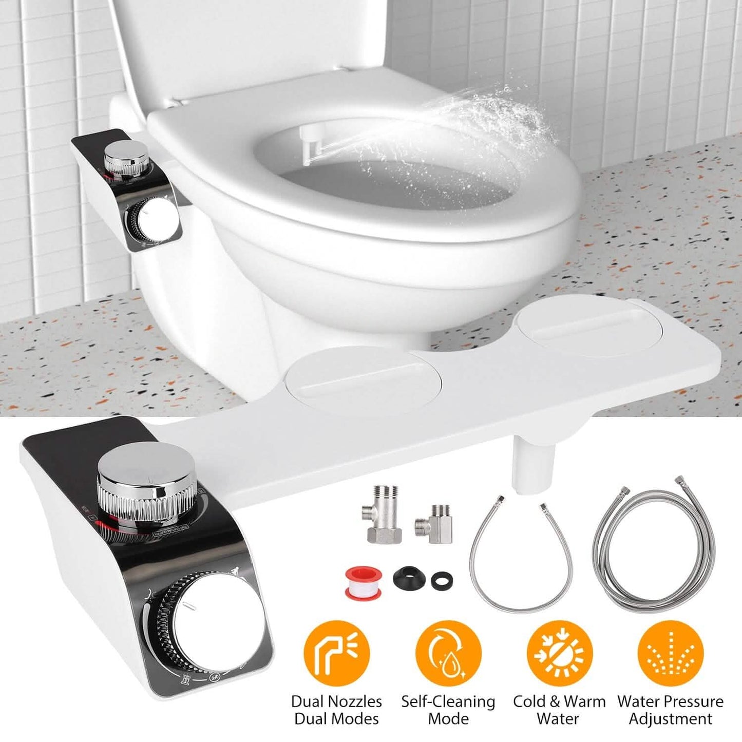 Bidet Attachment Non-Electric Fresh Water Sprayer with Self Cleaning Dual Nozzle