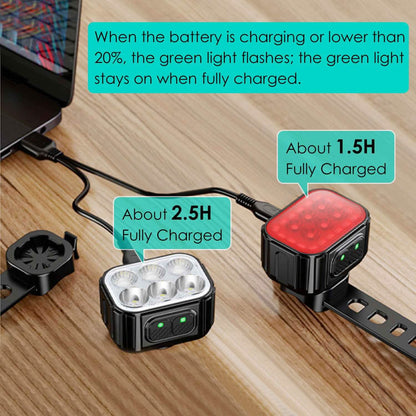 Bike Headlight TailLight IP65 Waterproof Anti-Drop Rechargeable Bicycle Light Set