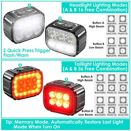 Bike Headlight TailLight IP65 Waterproof Anti-Drop Rechargeable Bicycle Light Set