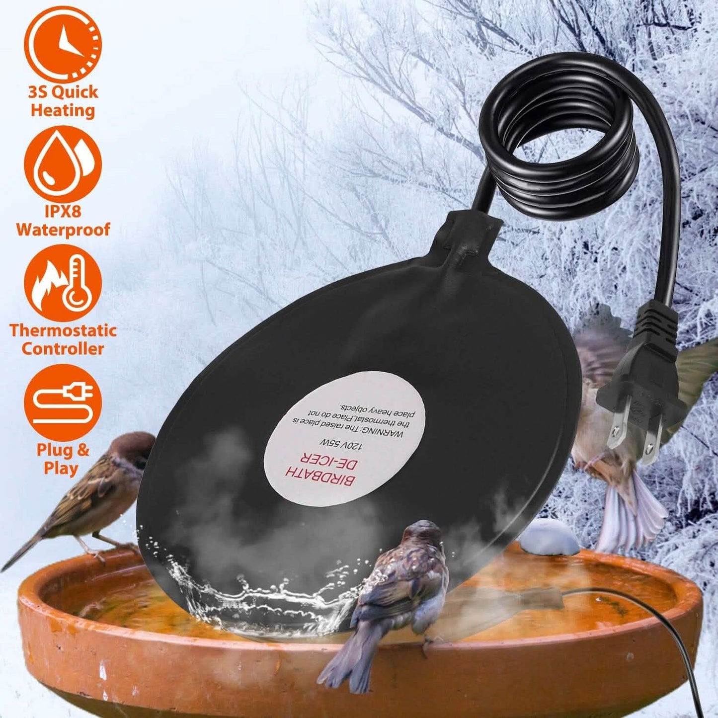 Bird Bath Deicer Outdoor Winter Water Heater Thermostatically Controlled