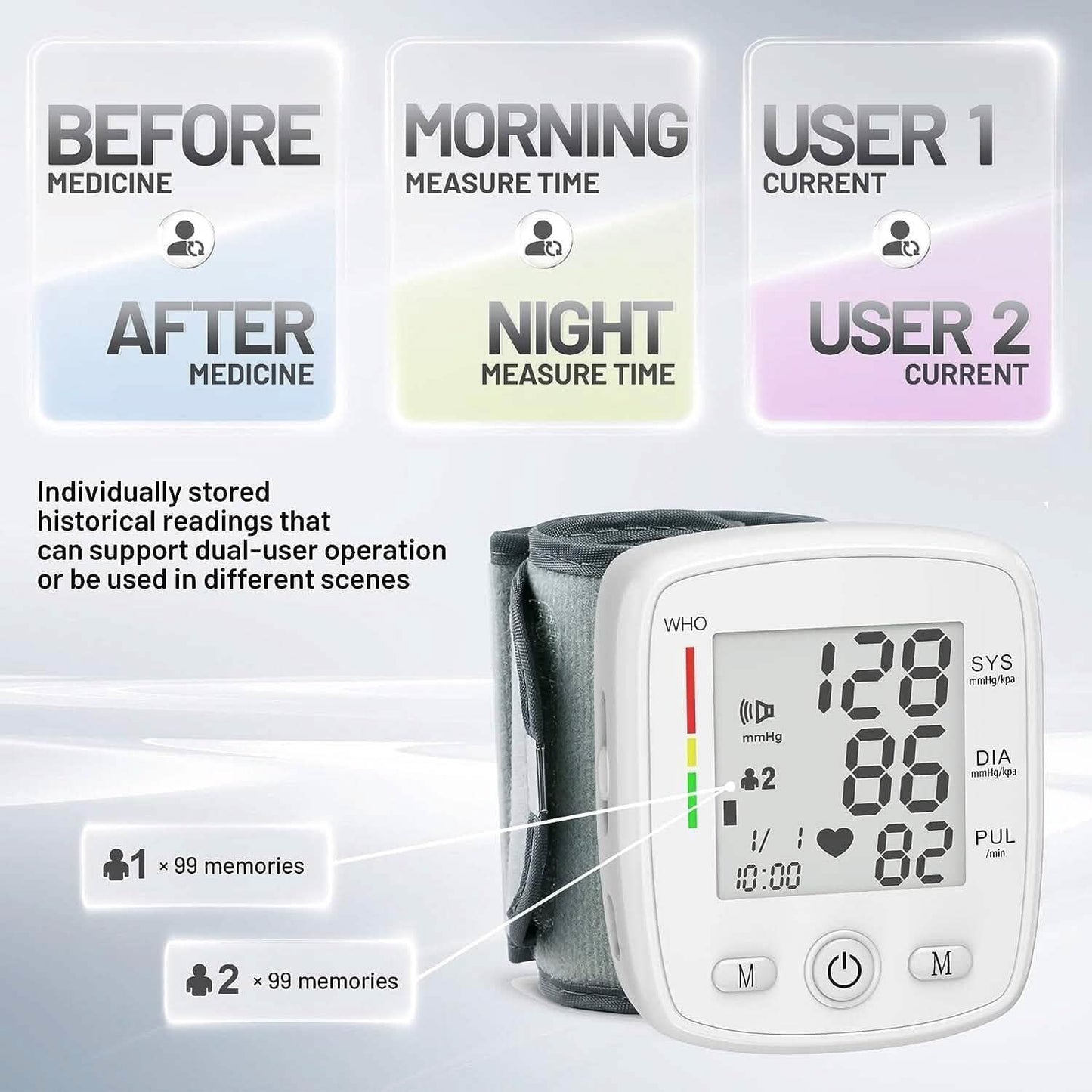 Blood Pressure Monitor Digital Wrist BP Machine Automatic BP Cuff with 2 Users 180 Memory Voice Large LCD Display