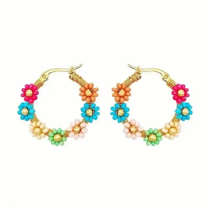 Bohemian Style Stainless Steel Beaded Flower Decor Hoop Earrings
