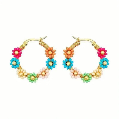 Bohemian Style Stainless Steel Beaded Flower Decor Hoop Earrings