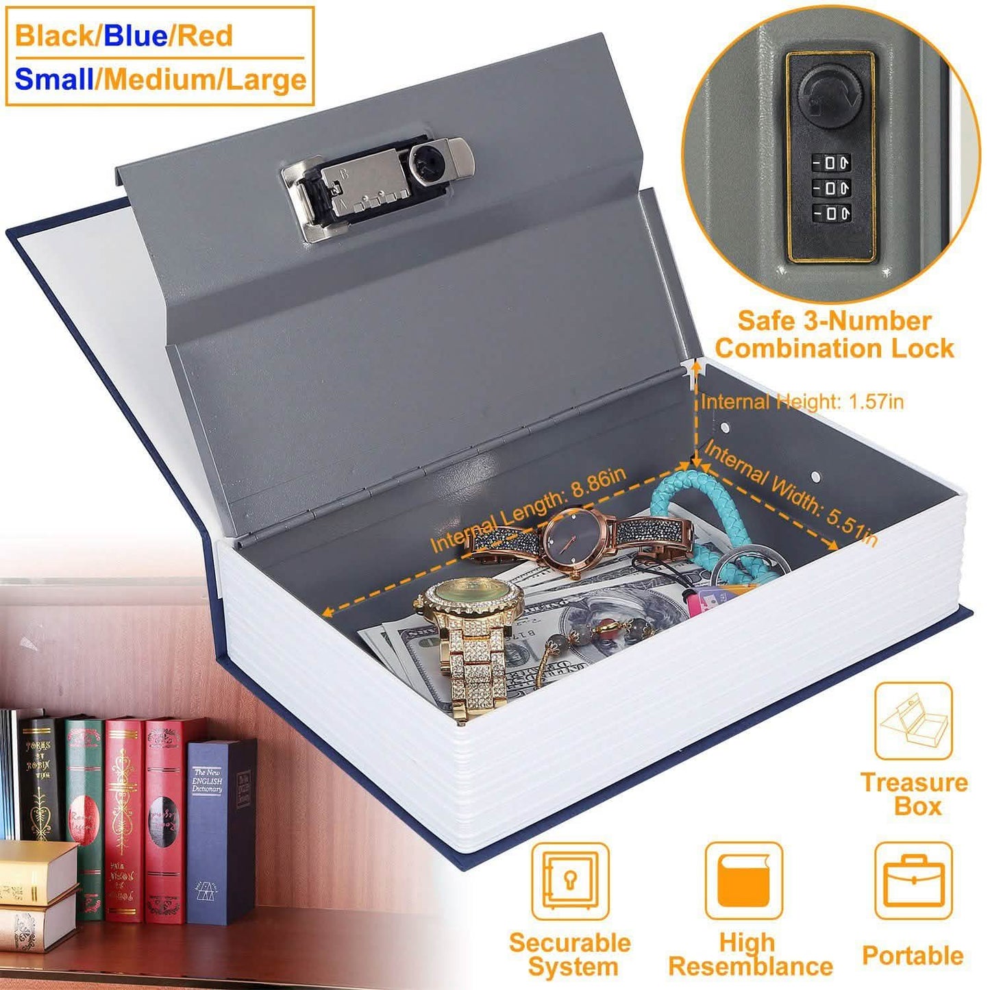 Book Safe with 3-Digit Combination Lock Storage Box