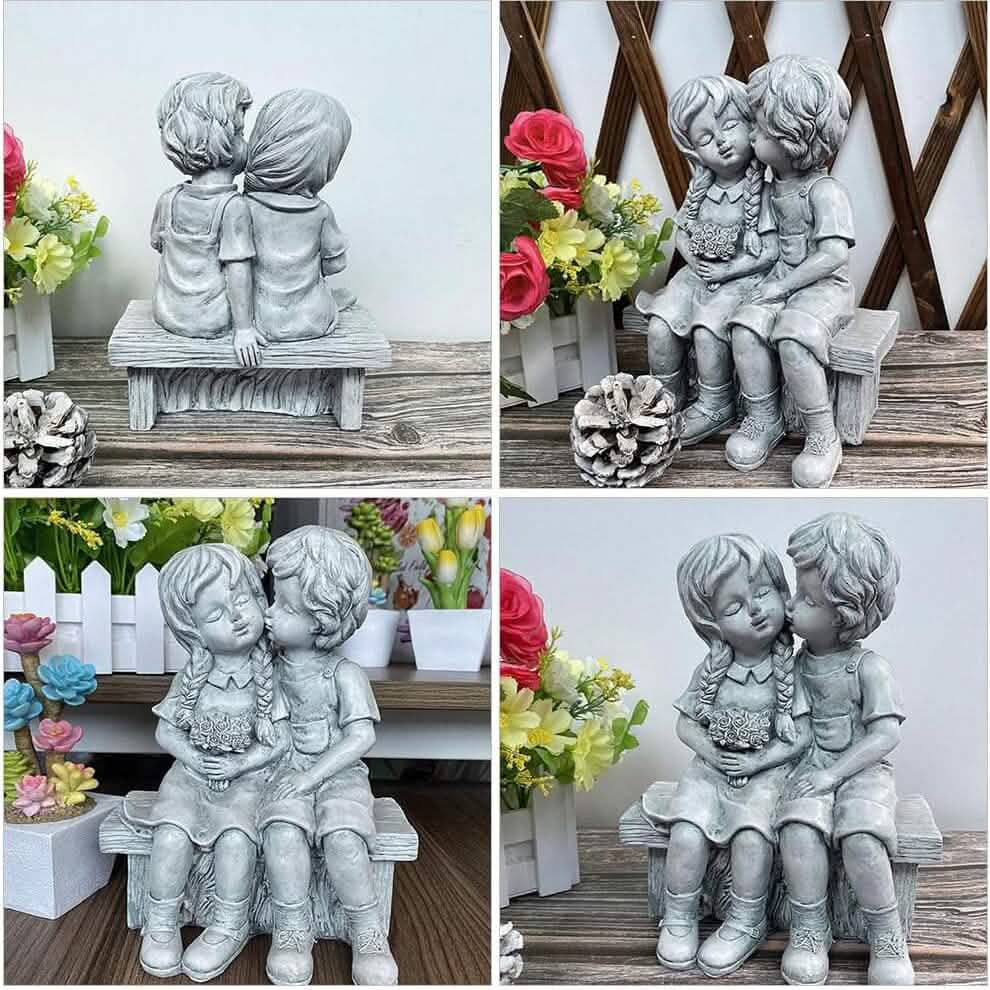 Boy Kissing Girl Statue Sitting on Bench Figurine