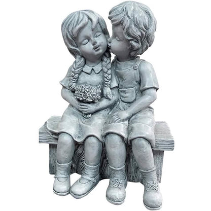 Boy Kissing Girl Statue Sitting on Bench Figurine