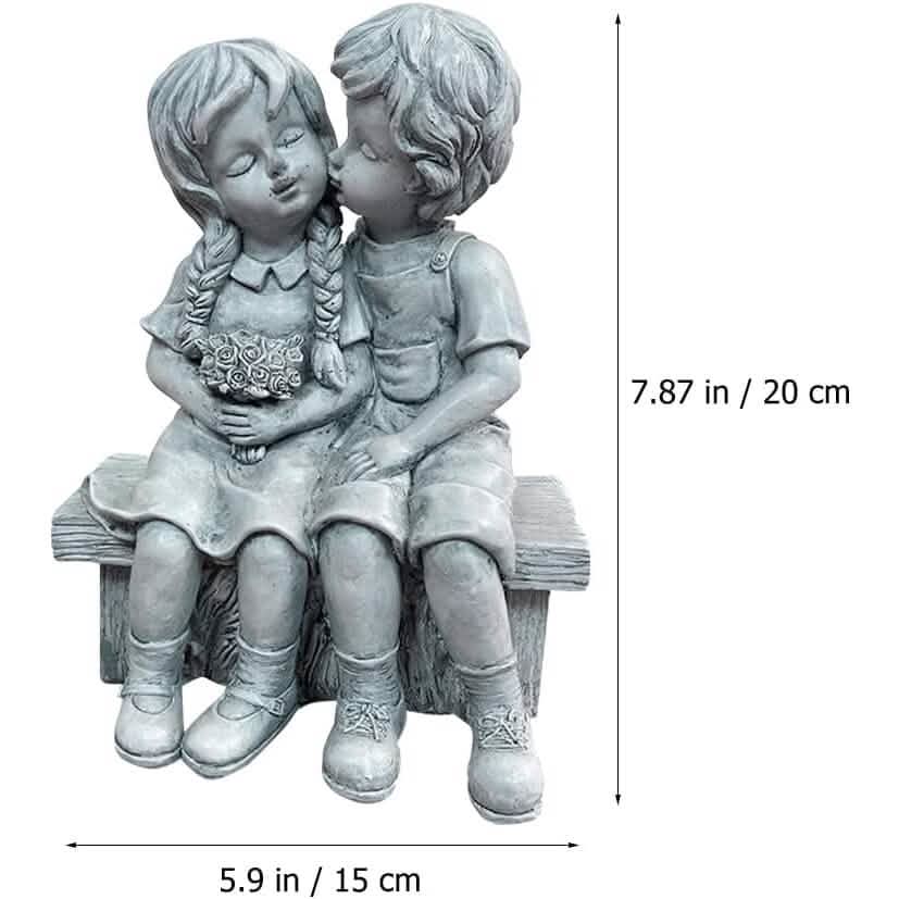 Boy Kissing Girl Statue Sitting on Bench Figurine