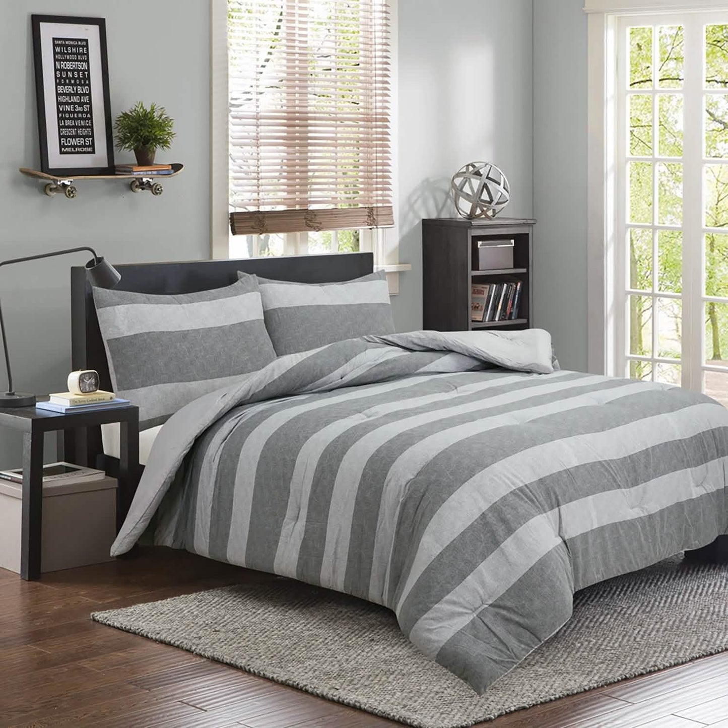 Brooklyn Flat Herringbone Wide Striped Grey Comforter Set