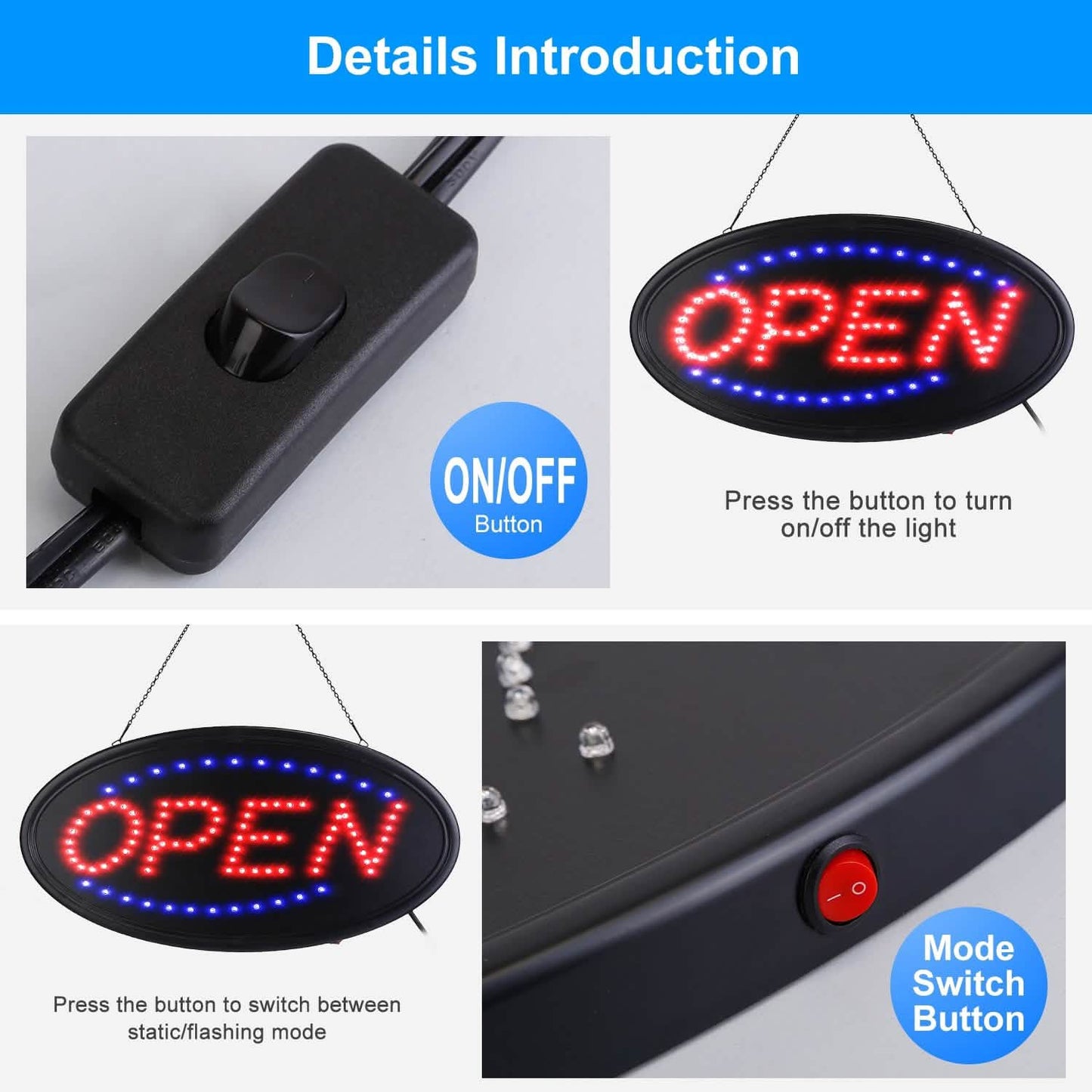 Business Neon Open Sign Advertisement Board with Steady Flashing Modes