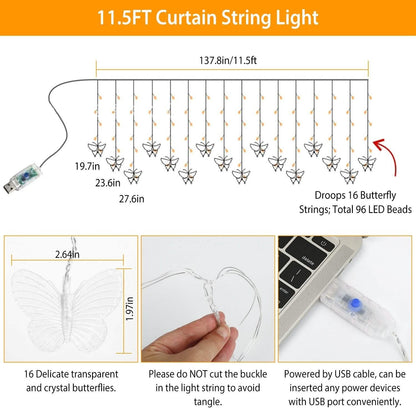 Butterfly Curtain String Lights USB Powered with 8 Modes 96 LED Remote Control