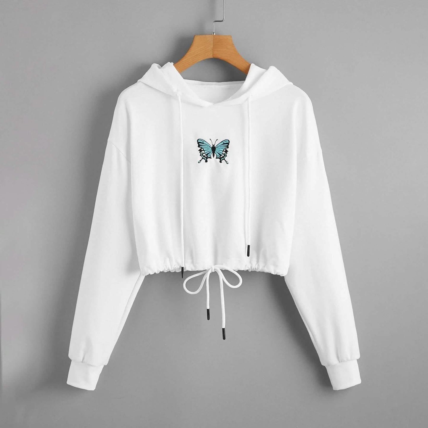 Butterfly Print Drawstring Hem Hoodie
