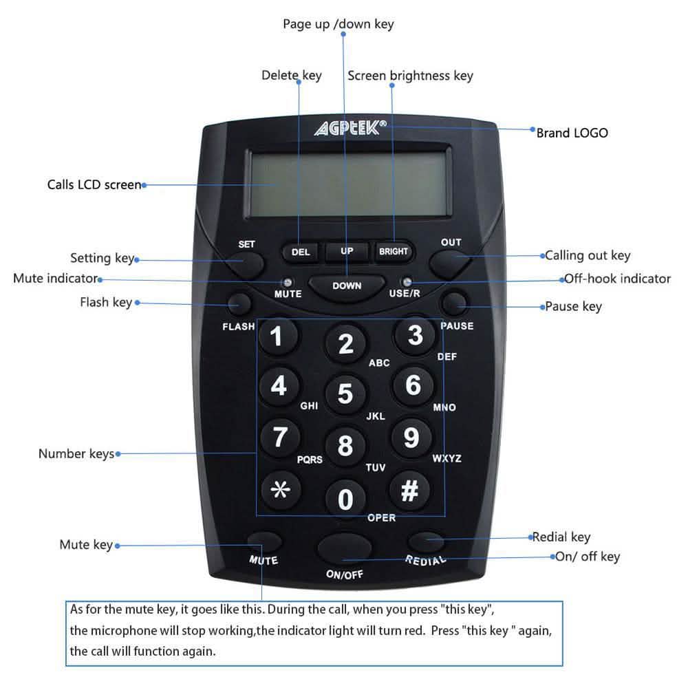 Call Center Dialpad Headset Telephone with Tone Dial Key Pad and Redial
