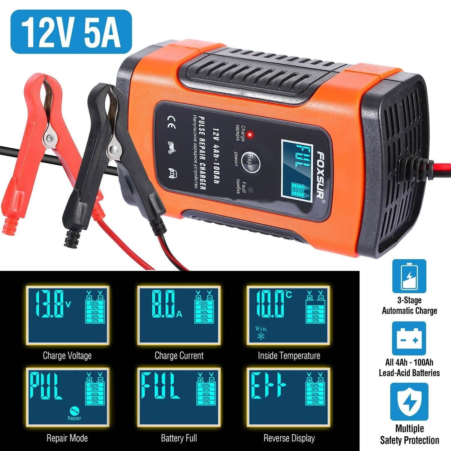 Car Battery Charger 12V 5A Recover Pulse Repair