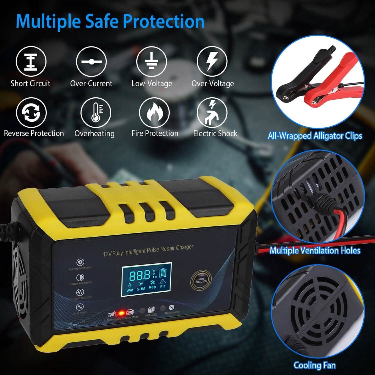 Car Battery Charger 12V/6A Smart Automatic Battery Charger Pulse Repair
