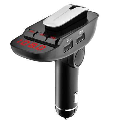 Car FM Transmitter with Wireless Earpiece 2 USB Charge Ports