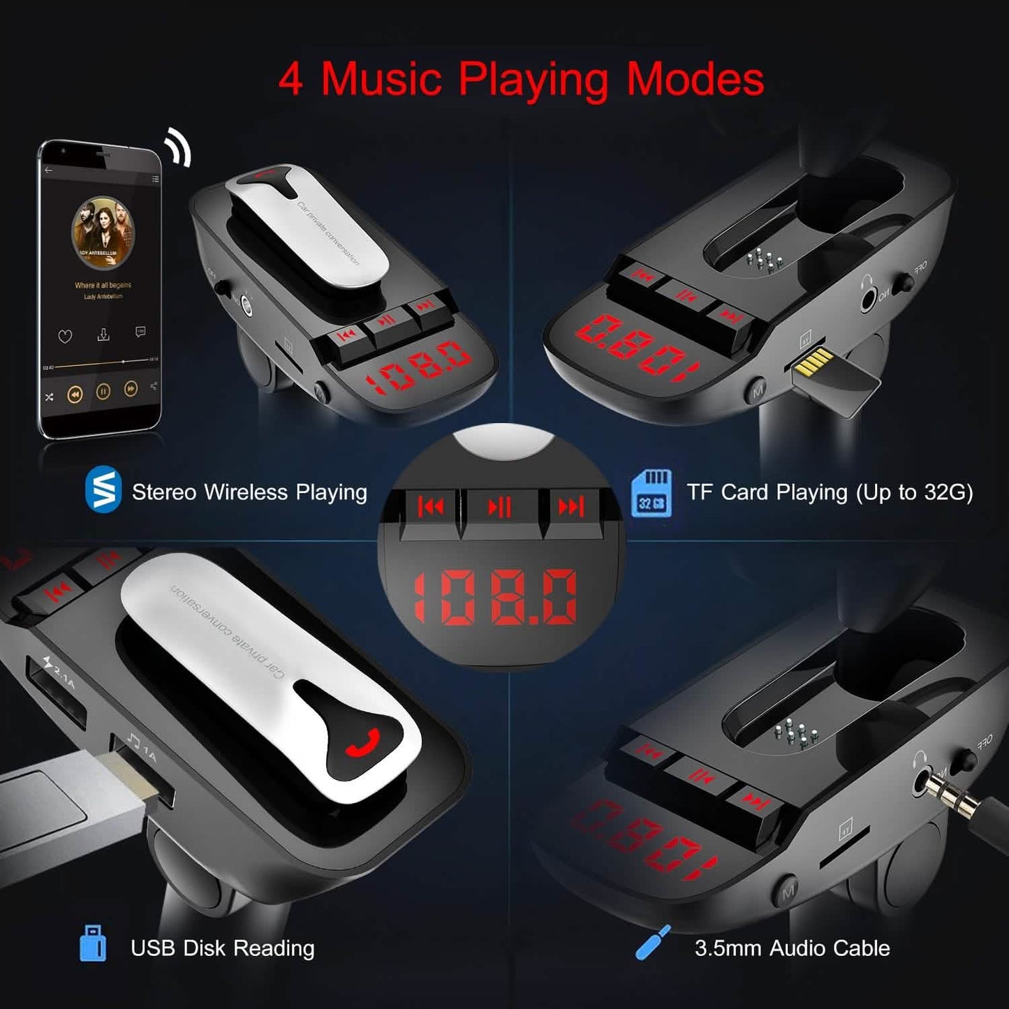 Car FM Transmitter with Wireless Earpiece 2 USB Charge Ports