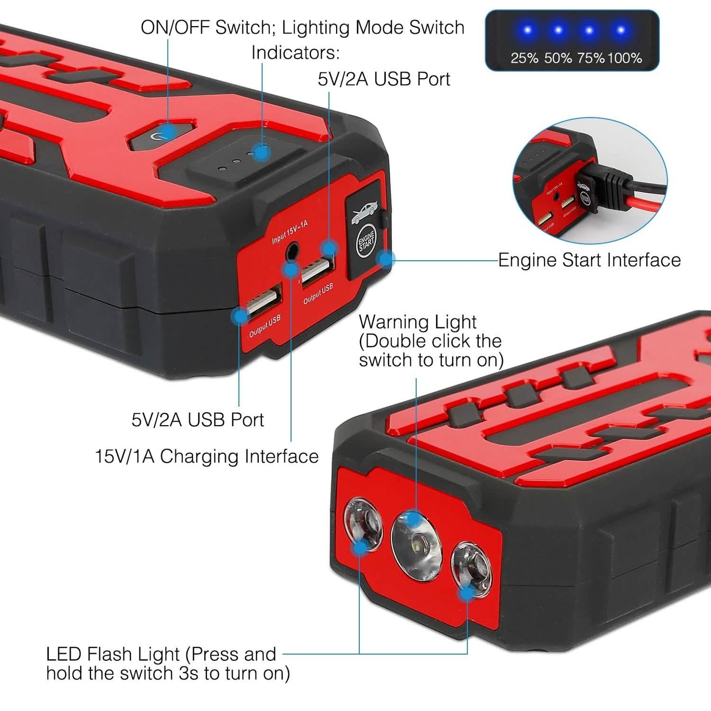Car Jump Starter Booster with 4 Modes LED Flashlight