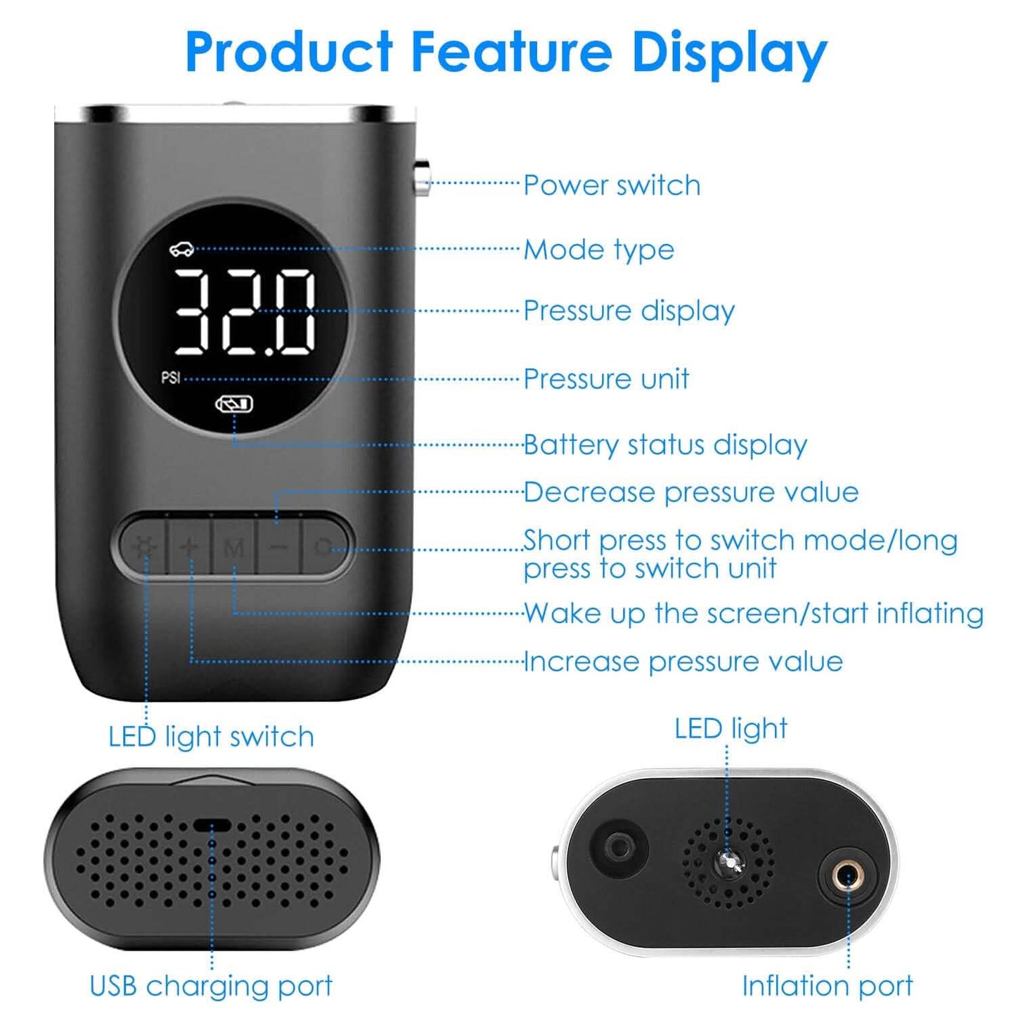 Car Tire Inflator Pump Portable 150 PSI with LED Light
