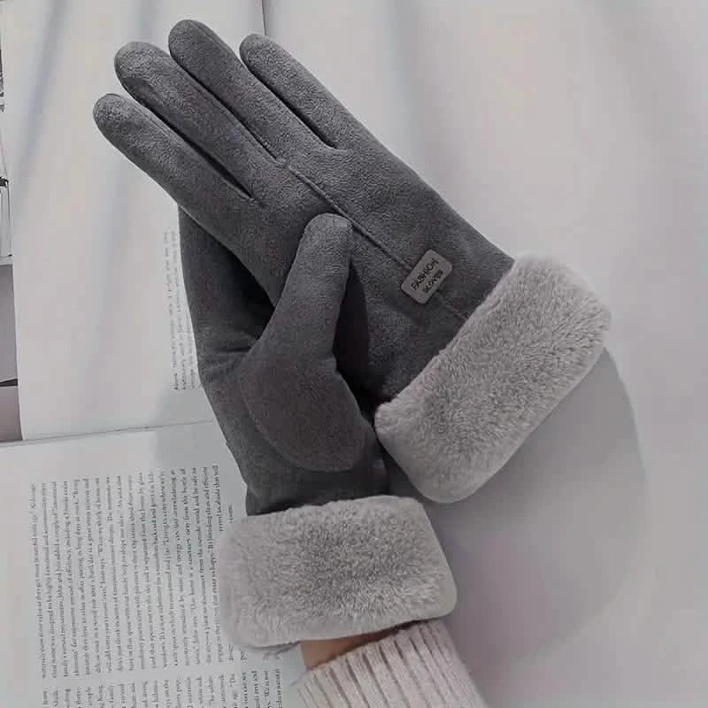 Cashmere Warm Suede Leather Plush Touch Screen Gloves