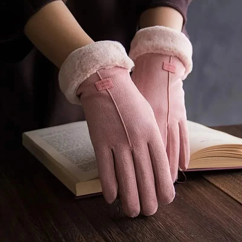 Cashmere Warm Suede Leather Plush Touch Screen Gloves