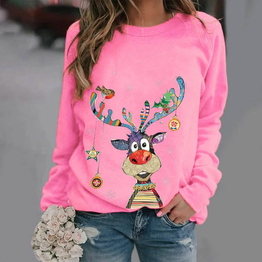 Casual O-Neck Long Sleeve Elk Print Hoodies and Pullover Tops Tees Hoody
