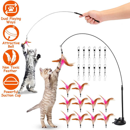 Cat Feather Wand Rod with 12 Pieces Feather Replacements for Cats
