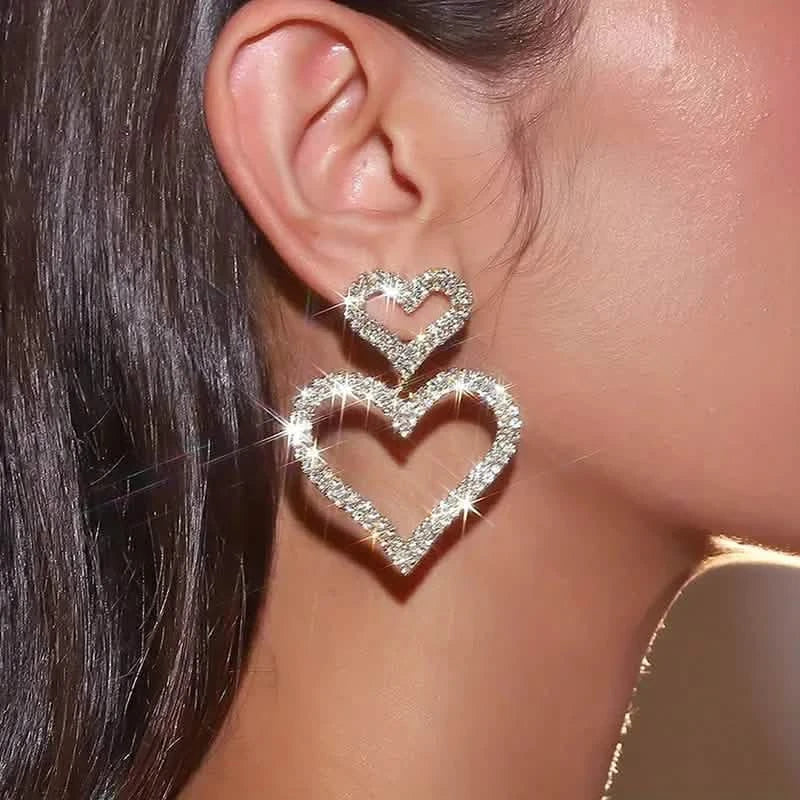 Chic Double Heart Rhinestone Stud Earrings