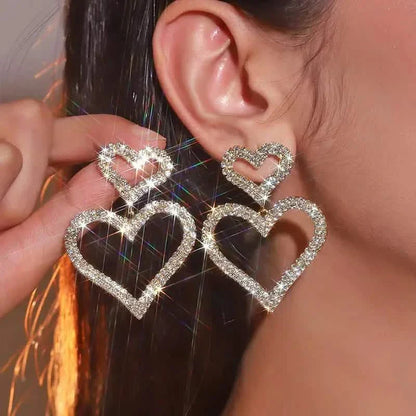 Chic Double Heart Rhinestone Stud Earrings