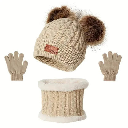 Children's Winter Knitted Wool Lining Warm Hat, Scarf, Glove Set For 2-5 Year Old Boys And Girls