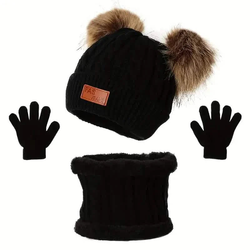 Children's Winter Knitted Wool Lining Warm Hat, Scarf, Glove Set For 2-5 Year Old Boys And Girls