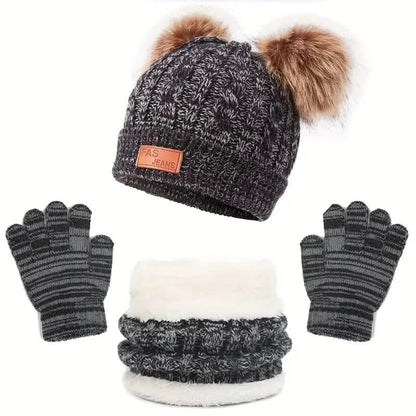 Children's Winter Knitted Wool Lining Warm Hat, Scarf, Glove Set For 2-5 Year Old Boys And Girls