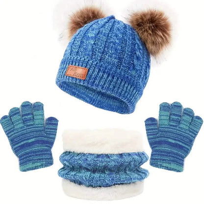 Children's Winter Knitted Wool Lining Warm Hat, Scarf, Glove Set For 2-5 Year Old Boys And Girls