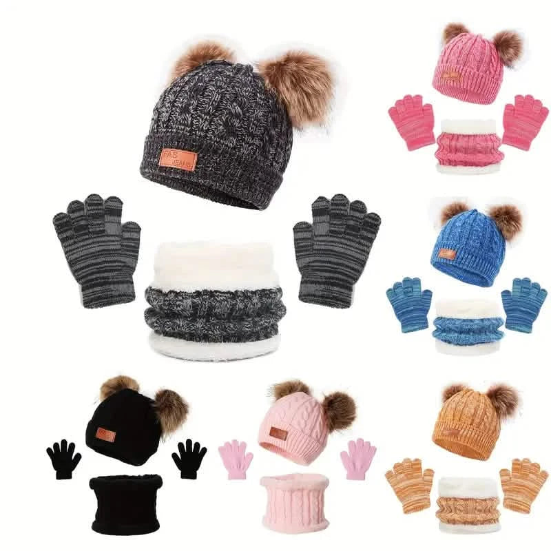 Children's Winter Knitted Wool Lining Warm Hat, Scarf, Glove Set For 2-5 Year Old Boys And Girls