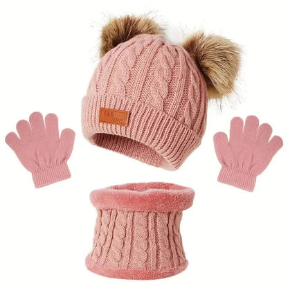 Children's Winter Knitted Wool Lining Warm Hat, Scarf, Glove Set For 2-5 Year Old Boys And Girls