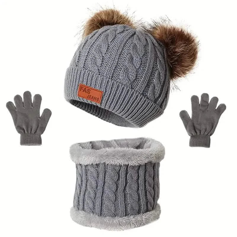 Children's Winter Knitted Wool Lining Warm Hat, Scarf, Glove Set For 2-5 Year Old Boys And Girls