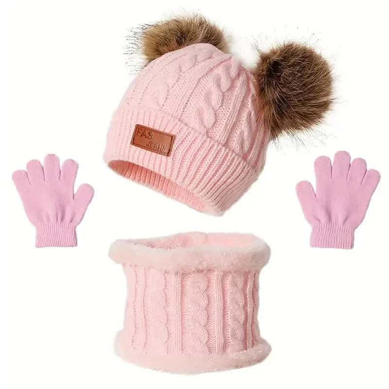 Children's Winter Knitted Wool Lining Warm Hat, Scarf, Glove Set For 2-5 Year Old Boys And Girls