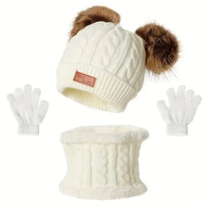 Children's Winter Knitted Wool Lining Warm Hat, Scarf, Glove Set For 2-5 Year Old Boys And Girls