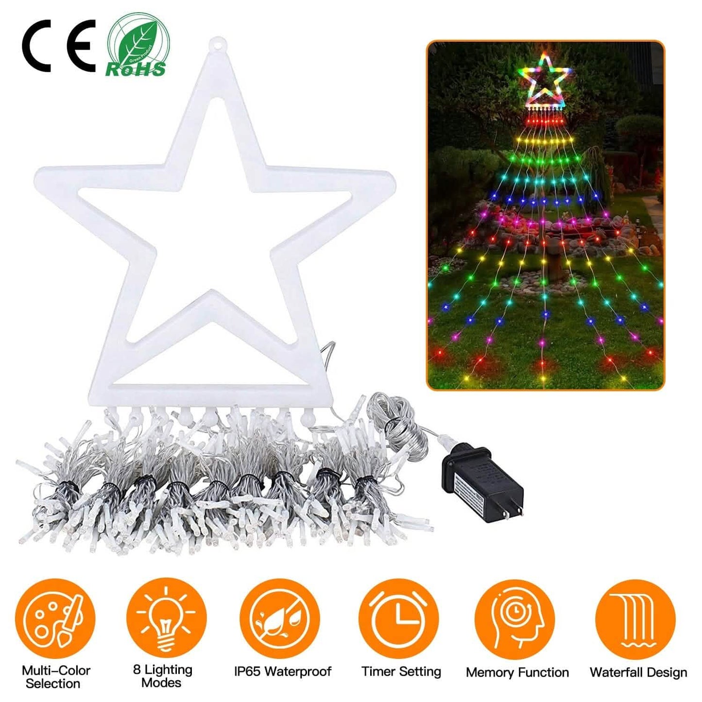 Christmas Hanging Waterfall String Light with Topper Star