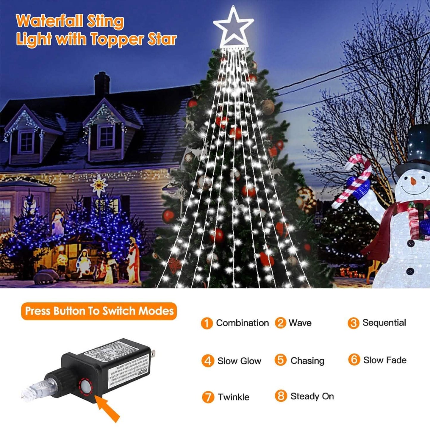 Christmas Hanging Waterfall String Light with Topper Star