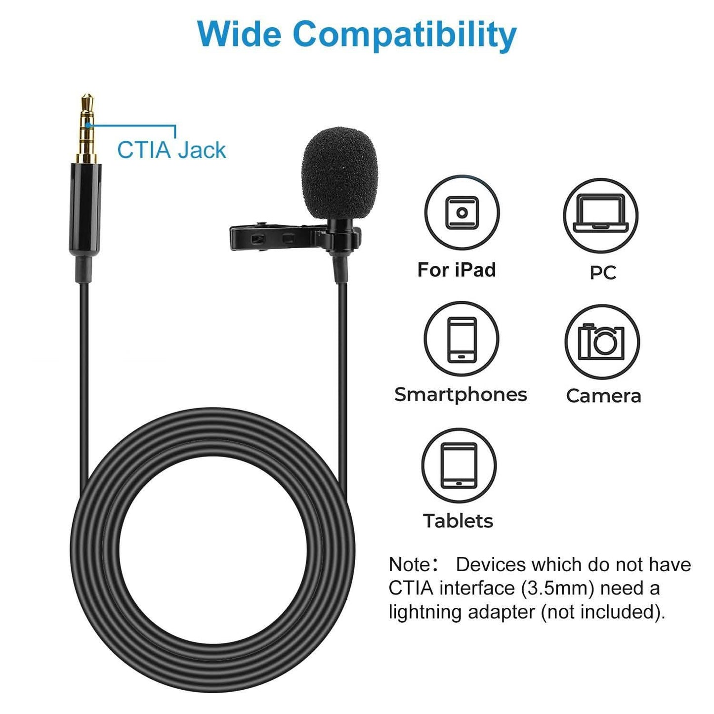 Clip On Microphone Hands Free Lavalier Lapel Mic