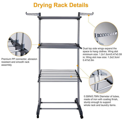 Clothes Drying Rack Rolling Collapsible Laundry Dryer Hanger Stand Rail
