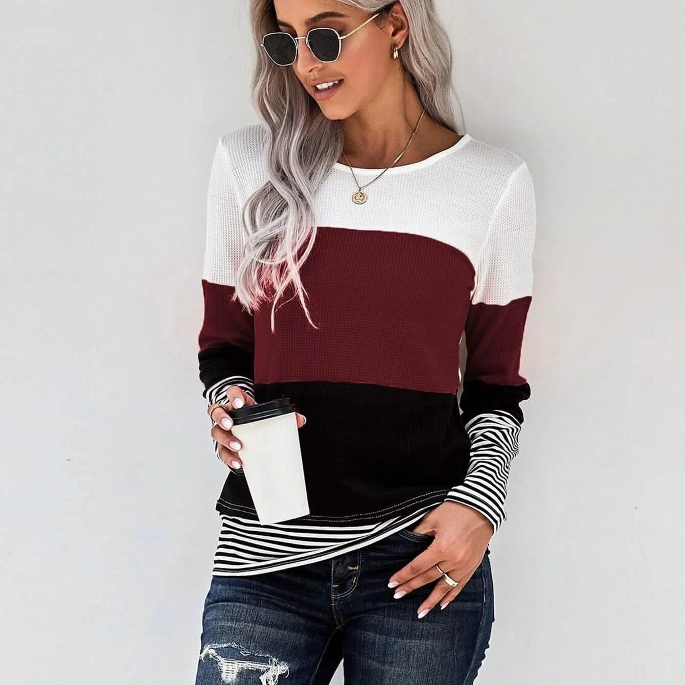 Colorblock Waffle Knit Striped Panel Tee