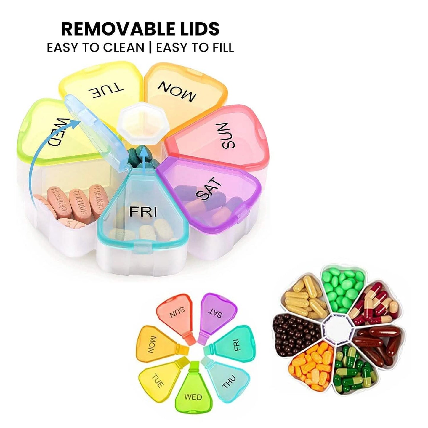 Colorful 7 Day Pills And Vitamins Organizer With Large Compartments