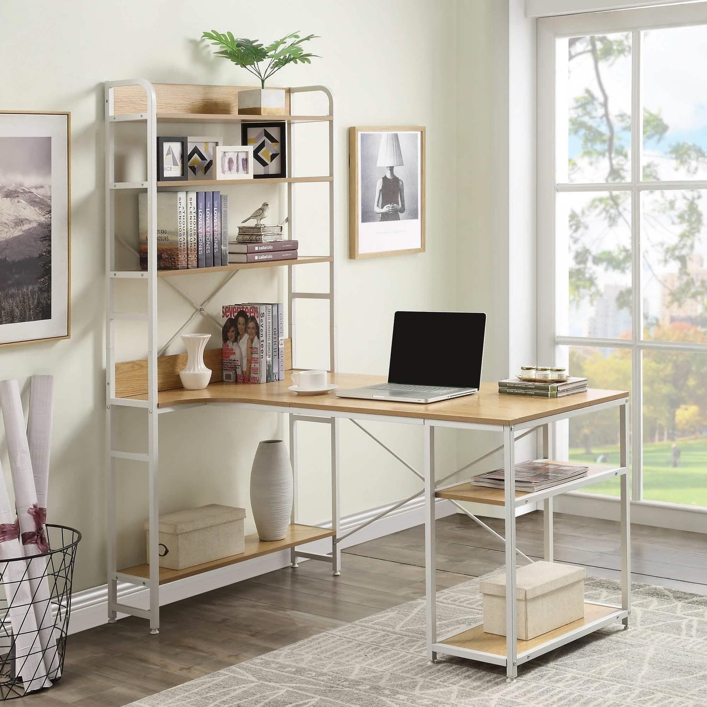 Computer Desk with 4 Tier Storage Shelves Large L-Shaped