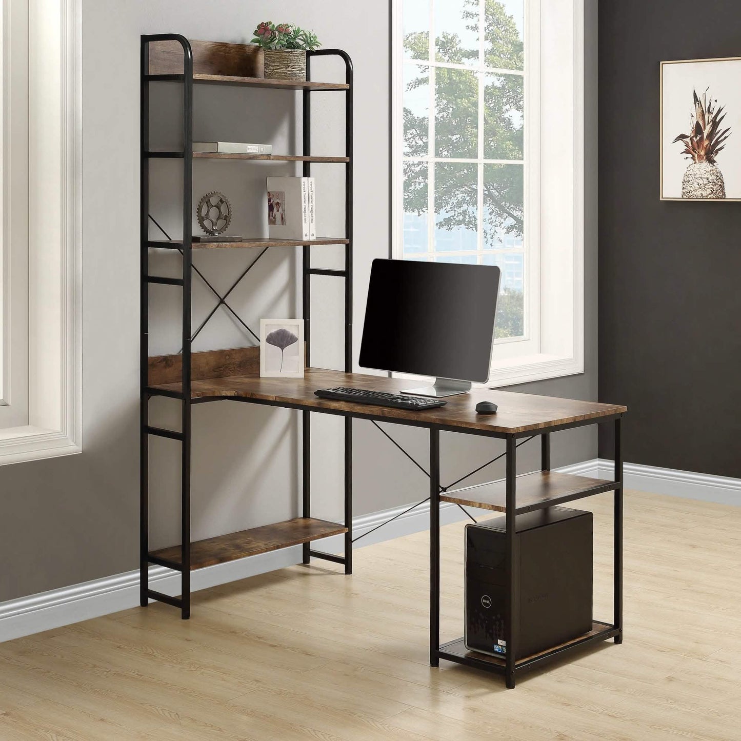 Computer Desk with 4 Tier Storage Shelves Large L-Shaped